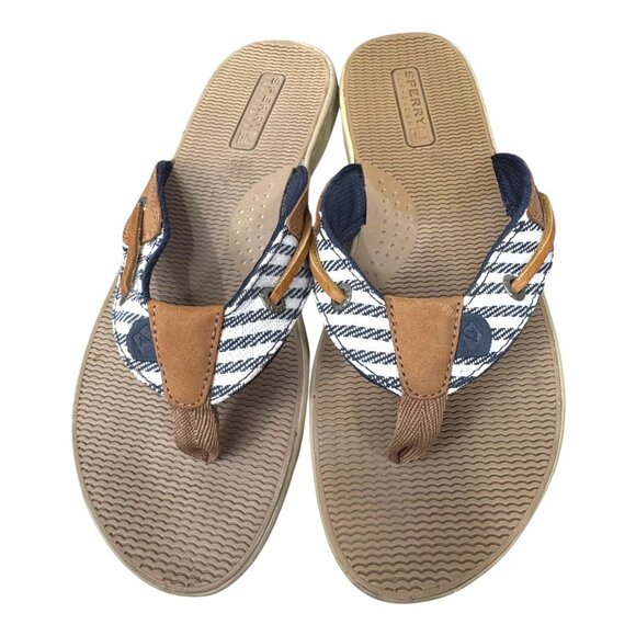 Sperry Seafish Mariner Top Sider Leather Flip Flops Nautical Striped Sandals 6.5 - Picture 1 of 7